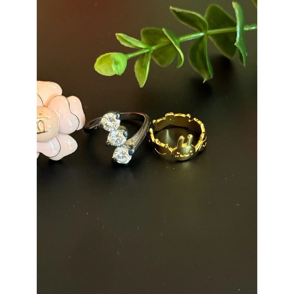 Fashion Ring Set 4pc Pink Camellia Butterfly Gold Character Crystal Bypass Rings
